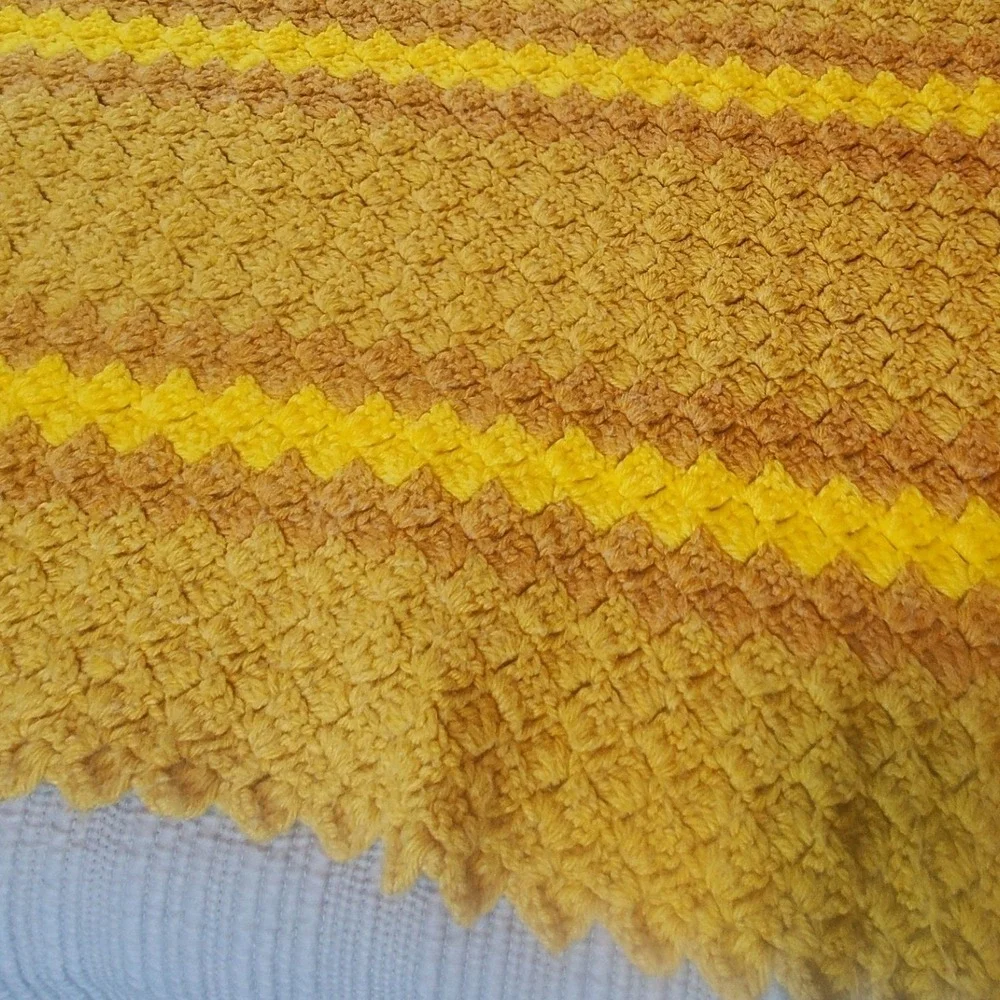 Vintage Handmade Crochet Lap Blanket Retro 70s Burnt Orange Mustard Yellow Throw